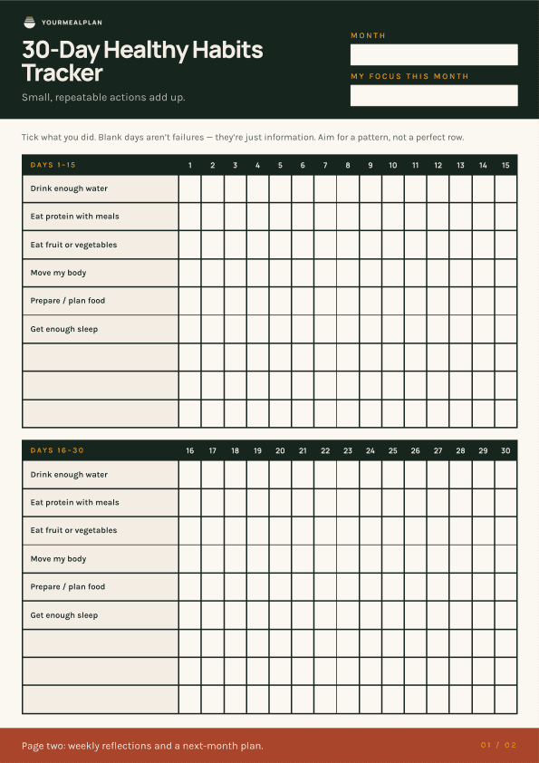 Preview of the 30-Day Healthy Habits Tracker printable
