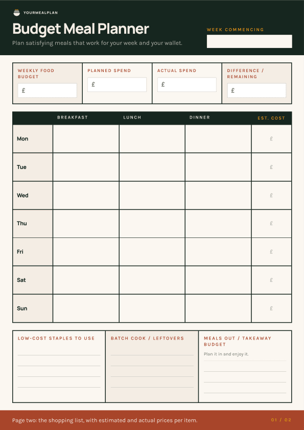 Preview of the Budget Meal Planner printable